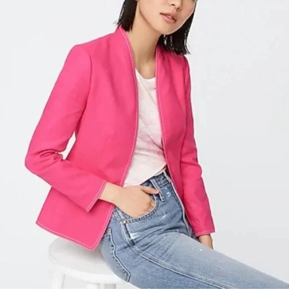 J. CREW Going Out Blazer Stretch Linen Blend Jacket Pink Open Front Sz 10 A1253